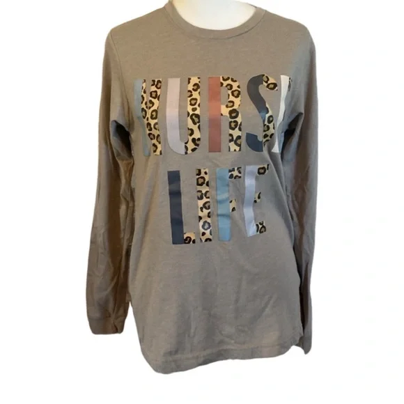 “Nurse Life” long sleeve tee. Size S. Tan with leopard print lettering. - Picture 1 of 16